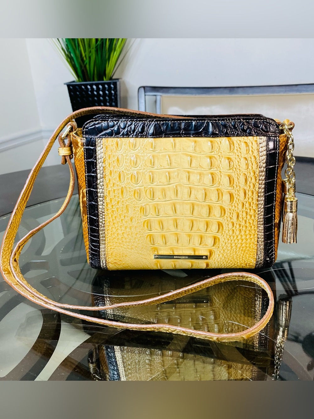 Brahmin Brunswick Hillary Crossbody Bag Yellow Black Croc Embossed Leather